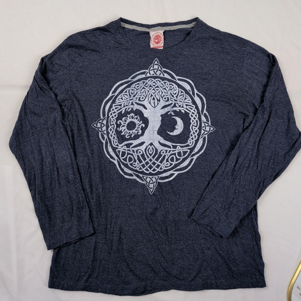 Enlightenment Celtic Tree of Life Sun Moon Long Sleeve‎ T-Shirt Blue XL Cotton - Picture 2 of 8